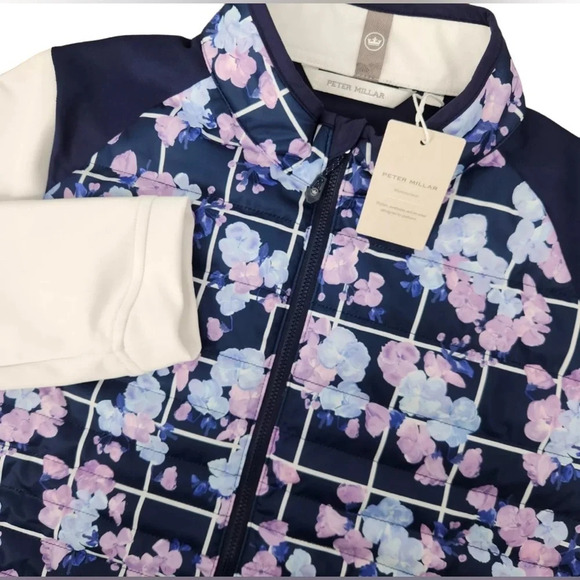 NEW Ladies Peter Millar Outdoor/Golf Hybrid Quilted Navy Floral Full Zip Jacket - Picture 1 of 12